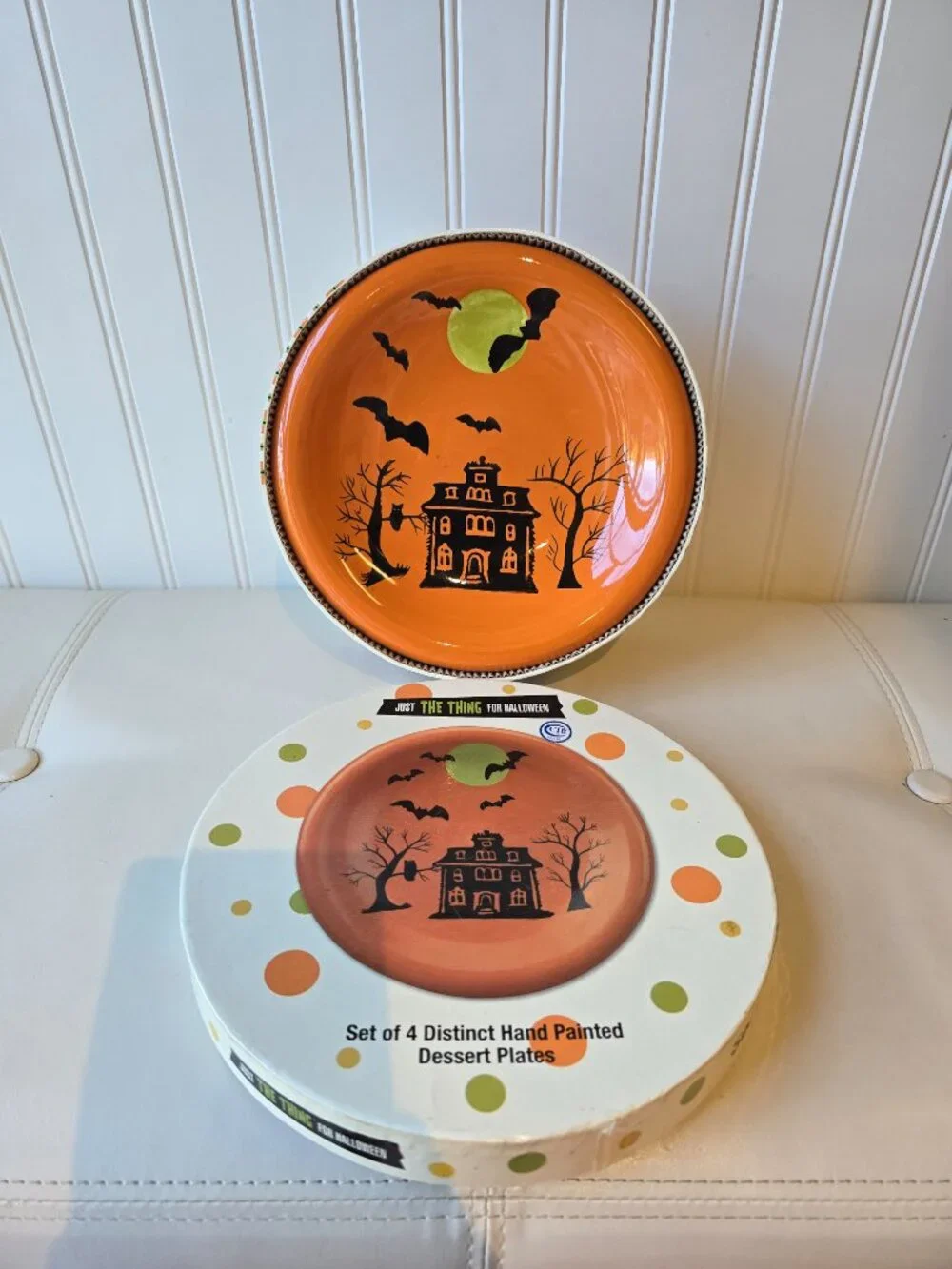 Halloween Hand-Painted Dessert Plates - Set of 4 (Haunted House Design)